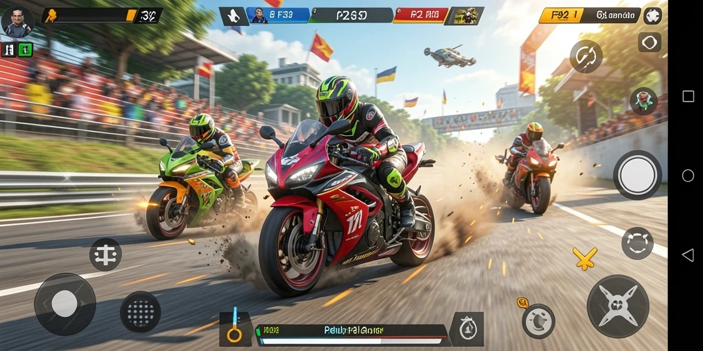 Tampilan gameplay F32 yang menegangkan saat balapan motor.