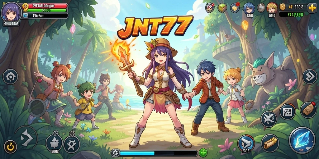 Tangkapan layar gameplay JNT777 menunjukkan karakter anime yang penuh aksi.