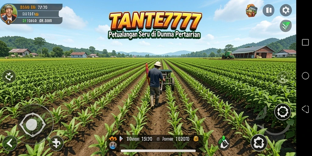 Screenshot gameplay TANTE777 menampilkan ladang yang subur dan hewan ternak.